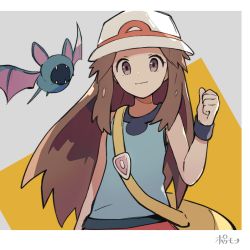 Rule 34 | 1girl, bag, black wristband, blue shirt, brown eyes, brown hair, bucket hat, clenched hand, closed mouth, commentary, creatures (company), eyelashes, game freak, gen 1 pokemon, hair flaps, hand up, hat, highres, leaf (pokemon), long hair, looking at viewer, messenger bag, nintendo, pokemon, pokemon (creature), pokemon frlg, red skirt, shirt, shoulder bag, skirt, sleeveless, sleeveless shirt, symbol-only commentary, toukashi (2tou9), vs seeker, white headwear, wristband, yellow bag, zubat