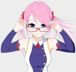 Rule 34 | 1girl, blue eyes, blue nails, closed mouth, detached sleeves, fingernails, glasses, grey background, hands up, hi iro, long hair, long sleeves, looking at viewer, nail polish, original, pink hair, red-framed eyewear, simple background, smile, solo, twintails, upper body