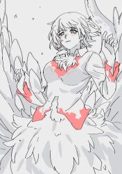 Rule 34 | 1girl, blood, blood on clothes, chimera, commentary, dungeon meshi, falin touden, falin touden (chimera), feathered wings, feathers, greyscale, highres, kkkkago, looking to the side, monochrome, parted lips, shirt, short hair, solo, spoilers, spot color, symbol-only commentary, wings