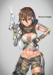 Rule 34 | 1girl, abs, absurdres, ammunition, arms up, belt, body writing, braid, breasts, brown hair, buckle, bullet, cartridge, character name, commercial cartridge, cybernetic, cyberpunk, dancing wolf, desert eagle, desert eagle (girls&#039; frontline), ejection, english text, exoskeleton, facial scar, fingerless gloves, full-power cartridge, girls&#039; frontline, gloves, gun, hair ornament, handcannon, handgun, handgun cartridge, hexagram, highres, holding, holding gun, holding weapon, hood, karambit, knife, locked slide, looking at viewer, magazine (weapon), magnum cartridge, mechanical, mechanical parts, multicolored hair, navel, open mouth, original, pistol, pistol cartridge, reloading, scar, scar on cheek, scar on face, science fiction, short hair, shorts, simple background, small breasts, smoke, smoking barrel, solo, star (symbol), star hair ornament, star of david, streaked hair, weapon, window magazine, yellow eyes