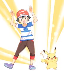 Rule 34 | 1boy, arms up, ash ketchum, bad id, bad pixiv id, baseball cap, black hair, blouse, blue shirt, brown eyes, brown shorts, creatures (company), full body, game freak, gen 1 pokemon, hat, imitating, kanji, male focus, mei (maysroom), nintendo, open mouth, pikachu, pokemon, pokemon (anime), pokemon (creature), pokemon sm (anime), shirt, shoes, shorts, sneakers, spiked hair, standing, striped clothes, striped shirt, v-shaped eyebrows, z-ring