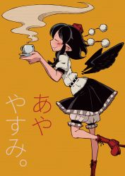 Rule 34 | 1girl, belt, black bow, black bowtie, black skirt, black wings, bloomers, boots, bow, bowtie, closed eyes, cup, detached wings, feathered wings, from side, geta, hat, low wings, miniskirt, orange background, pointy ears, pom pom (clothes), puffy short sleeves, puffy sleeves, red footwear, red hat, shameimaru aya, shirt, short sleeves, sidelocks, skirt, smile, smoke, solo, sonson (eleven), standing, standing on one leg, steam, teacup, tengu-geta, tokin hat, touhou, translation request, underwear, white shirt, wings