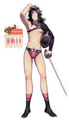 Rule 34 | 1boy, adjusting hair, arknights, black footwear, black hair, black sleeves, boots, character name, closed mouth, fencing suit, full body, holding, holding sword, holding weapon, long hair, looking at viewer, male focus, male underwear, midnight (arknights), pink eyes, pink male underwear, pointy ears, simple background, single sleeve, smile, solo, sword, underwear, weapon, white background, yan wan