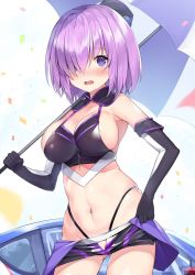 Rule 34 | 1girl, alternate costume, bare shoulders, black gloves, black hat, black panties, black skirt, blush, breasts, clothing request, commentary request, confetti, crop top, elbow gloves, eyes visible through hair, fate/grand order, fate (series), gedou (shigure seishin), gloves, gluteal fold, hair over one eye, hat, highleg, highleg panties, highres, holding, holding umbrella, large breasts, looking at viewer, mash kyrielight, mini hat, miniskirt, navel, navel piercing, nose blush, open mouth, panties, parasol, piercing, pink hair, purple eyes, race queen, short hair, sideboob, skirt, solo, two-tone gloves, umbrella, underwear, white background