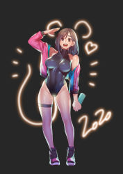 Rule 34 | 1girl, 2020, animal ears, black background, black hair, black leotard, breasts, brown eyes, buck teeth, covered erect nipples, covered navel, full body, graffiti, highres, impossible clothes, impossible leotard, jacket, large breasts, legs, leotard, light trail, mouse ears, mouse tail, off-shoulder jacket, off shoulder, original, pink jacket, psychicjin, salute, shoes, sneakers, solo, spray can, standing, tail, teeth, thigh strap, toned