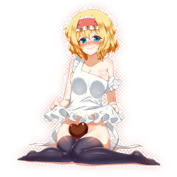 Rule 34 | 1girl, alice margatroid, apron, bad id, bad pixiv id, blonde hair, blue eyes, blush, bobomaster, bottomless, breasts, cleavage, hairband, large breasts, naked apron, short hair, sitting, solo, thighhighs, touhou, wariza