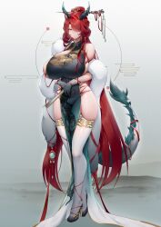 Rule 34 | 1girl, absurdres, been, black footwear, breasts, dragon girl, dragon horns, dragon print, dragon tail, folding fan, hair over one eye, hand fan, highres, holding, holding fan, horns, huge breasts, long hair, original, pelvic curtain, red hair, red ribbon, ribbon, shiny skin, shoes, sideboob, skindentation, solo, tail, thighhighs, very long hair, white thighhighs, yellow eyes