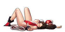 Rule 34 | 1girl, bare legs, boots, breasts, breasts apart, brown hair, closed mouth, detached sleeves, closed eyes, fatal fury, from side, full body, hands up, highleg, highres, jungon kim, large breasts, long hair, lying, on back, ponytail, revealing clothes, shiranui mai, simple background, solo, spread legs, the king of fighters, white background