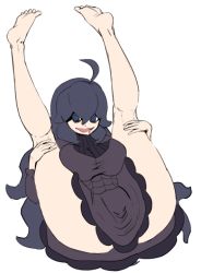 Rule 34 | 1girl, ahoge, alternate breast size, blush, bottomless, breasts, covered erect nipples, creatures (company), dress, female focus, full body, game freak, hairband, hex maniac (pokemon), large breasts, long hair, looking at viewer, nintendo, npc trainer, open mouth, pale skin, pokemon, pokemon xy, purple dress, purple eyes, purple hair, simple background, solo, spicy bardo, spread legs, sweat, sweater