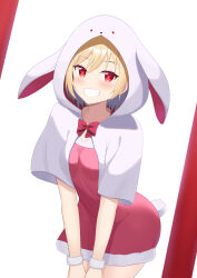 Rule 34 | 1girl, animal ears, animal hood, blonde hair, bow, breasts, capelet, chinese zodiac, commentary request, dress, fake animal ears, fur-trimmed dress, fur trim, grin, hair between eyes, highres, hood, hood up, hooded capelet, leaning forward, looking at viewer, nengajou, new year, original, pink dress, rabbit ears, rabbit hood, rabbit tail, red bow, red eyes, short hair, small breasts, smile, solo, tail, white background, white capelet, year of the rabbit, yutsuki warabi