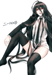 Rule 34 | 1boy, ahoge, black hair, black jacket, black necktie, black thighhighs, collared shirt, commentary request, crossdressing, danganronpa (series), danganronpa 2: goodbye despair, foot out of frame, grey background, hair between eyes, invisible chair, jacket, kamukura izuru, knee up, long hair, long sleeves, looking at viewer, male focus, necktie, no shoes, open clothes, open jacket, open mouth, red eyes, sakuyu, shirt, simple background, sitting, solo, teeth, thighhighs, translation request, upper teeth only, very long hair, white background, white shirt