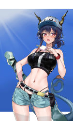Rule 34 | 1girl, arknights, bare arms, bare shoulders, baseball cap, bikini, black bikini, blue hair, blue shorts, blush, breasts, ch&#039;en (arknights), ch'en (arknights), commentary request, cowboy shot, dragon horns, dragon tail, female tourist c (arknights), food, hair between eyes, hand on own hip, hat, highres, holding, holding food, horns, horns through headwear, large breasts, long hair, looking at viewer, navel, official alternate costume, open fly, open mouth, popsicle, red eyes, short shorts, shorts, solo, srpzk, standing, stomach, swimsuit, tail, thighs, white hat