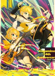 Rule 34 | 1boy, 1girl, aqua eyes, bass clef, blonde hair, blue eyes, bow, brother and sister, detached sleeves, electric guitar, guitar, hair bow, headphones, headset, highres, holding, holding plectrum, instrument, kagamine len, kagamine rin, leg warmers, music, necktie, playing instrument, plectrum, pointing, sailor collar, shorts, siblings, treble clef, twins, vocaloid, yellow necktie, yonikki