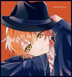 Rule 34 | 1boy, black border, black hat, blonde hair, border, closed mouth, commentary request, earrings, fedora, gg suyari, green eyes, hat, hoop earrings, jewelry, long sleeves, looking at viewer, male focus, multicolored hair, necklace, official alternate costume, orange background, orange hair, project sekai, shinonome akito, short hair, solo, streaked hair, stud earrings, two-tone hair, upper body, walk on and on (project sekai)