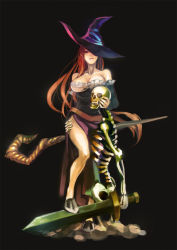 Rule 34 | 1girl, bad id, bad pixiv id, bare shoulders, breasts, cleavage, detached sleeves, dragon&#039;s crown, dress, hat, hat over one eye, large breasts, legs, long hair, one eye covered, red eyes, red hair, side slit, simple background, skeleton, sky0211, solo, sorceress (dragon&#039;s crown), staff, strapless, strapless dress, sword, thighs, weapon, witch hat