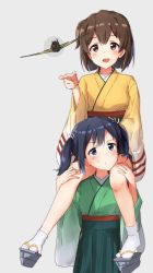 Rule 34 | 2girls, :d, aircraft, airplane, black hair, blue eyes, blush, brown eyes, brown hair, carrying, commentary request, green hakama, green kimono, grey background, hakama, hakama skirt, hand on another&#039;s leg, highres, hiryuu (kancolle), japanese clothes, kantai collection, kimono, multiple girls, one side up, open mouth, platform footwear, pointing, sandals, short hair, shoulder carry, sidelocks, simple background, skirt, smile, socks, souryuu (kancolle), suke (momijigari), sweatdrop, twintails, v-shaped eyebrows, white legwear, wide sleeves, yellow kimono