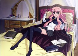 Rule 34 | 1girl, absurdres, bed, book, chain, highres, louise francoise le blanc de la valliere, pentacle, pink eyes, pink hair, smile, solo, thighhighs, wand, zero no tsukaima