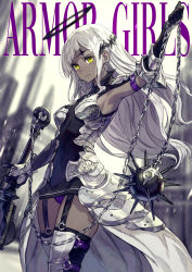 Rule 34 | 1girl, absurdres, armor, armored dress, ball and chain (weapon), black gloves, blurry, blurry background, breasts, dark-skinned female, dark skin, flail, garter straps, gloves, halo, highres, kusano shinta, long hair, morning star, original, panties, purple panties, small breasts, solo, spiked ball and chain, thighhighs, underwear, weapon, white hair, yellow eyes