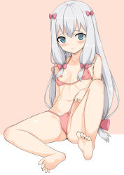 Rule 34 | 10s, 1girl, artist request, barefoot, bikini, blue eyes, blush, bow, breasts, closed mouth, eromanga sensei, feet, hair bow, izumi sagiri, long hair, looking at viewer, navel, nipples, no shoes, pink bikini, pink bow, sitting, small breasts, soles, solo, swimsuit, toes, two-tone background, white hair