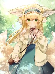 Rule 34 | 1girl, animal ears, arknights, bag, blonde hair, blue hairband, blue skirt, brown bag, cardigan, cowboy shot, fox ears, fox girl, fox tail, frilled hairband, frills, green eyes, hair ornament, hair scrunchie, hairband, hand up, highres, kitsune, kyuubi, long sleeves, multiple tails, nanatsuka, neck ribbon, official alternate costume, open cardigan, open clothes, outdoors, parted lips, puffy long sleeves, puffy sleeves, red ribbon, ribbon, scrunchie, shirt, shoulder bag, skirt, sleeve cuffs, sleeves past wrists, solo, stitches, suzuran (arknights), suzuran (spring praise) (arknights), tail, white shirt, yellow cardigan