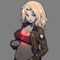 Rule 34 | 10s, 1girl, between breasts, black sports bra, blonde hair, blue eyes, breasts, brown jacket, cleavage, commentary, emblem, flashlight, girls und panzer, grey background, hair intakes, highres, jacket, kay (girls und panzer), long hair, long sleeves, looking at viewer, medium breasts, military, military uniform, navel, onsen tamago (hs egg), open clothes, open jacket, open mouth, saunders military uniform, simple background, smirk, solo, sports bra, standing, star (symbol), uniform, upper body, v-shaped eyebrows