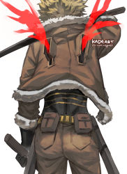 Rule 34 | 1boy, arm up, ass, ass focus, back, belt, belt pouch, blonde hair, boku no hero academia, brown jacket, brown pants, contrapposto, costume, cowboy shot, fur-trimmed jacket, fur trim, gloves, hawks (boku no hero academia), holding, holding sword, holding weapon, jacket, kadeart, katana, male focus, multiple swords, pants, pouch, red wings, sheath, shirt, short hair, simple background, skin tight, solo, sword, tight clothes, tight shirt, toned, toned male, twitter username, utility belt, weapon, white background, wings