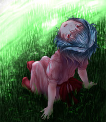 Rule 34 | 1girl, arm support, blue hair, grass, head back, highres, knees up, looking at viewer, no headwear, no wings, open mouth, outdoors, red eyes, remilia scarlet, shade, short hair, sitting, skirt, skirt set, solo, thcapenxer1234, touhou