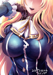 Rule 34 | 10s, 1girl, 2017, artist name, atago (kancolle), black gloves, blonde hair, breasts, commentary request, dated, gloves, head out of frame, kantai collection, large breasts, long hair, military, military uniform, open mouth, out of frame, signature, solo, ugeppa, uniform