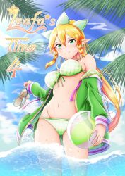 1girl ball beachball bikini blonde_hair braid breasts comiket_104 green_bikini green_eyes green_jacket hair_between_eyes high_ponytail highres holding holding_ball holding_beachball holding_shoes in_water jacket ken-ji large_breasts leaf leafa_(sao) long_hair navel open_clothes pointy_ears ponytail shoes side_braids smile solo sunlight swimsuit sword_art_online teeth very_long_hair