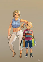 Rule 34 | android 18, bag, bald, blonde hair, bracelet, converse, dragon ball, dragonball z, gradient background, high heels, highres, husband and wife, jewelry, kuririn, midriff, nacasio, nail polish, navel, shoes, shopping bag, short hair, size difference, sneakers