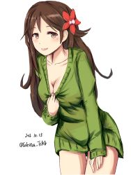 Rule 34 | 10s, 1girl, 2016, alternate costume, amagi (kancolle), breasts, brown eyes, brown hair, casual, celestea tera, collarbone, cowboy shot, dated, dress, flower, green sweater, hair flower, hair ornament, highres, kantai collection, large breasts, leaning forward, long hair, mole, mole under eye, open mouth, ponytail, solo, sweater, sweater dress, thighs, twitter username