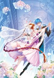 Rule 34 | 1boy, 1girl, blue hair, braid, braided ponytail, brown hair, chandelier, collar, cover, douluo dalu, dress, floating, flower, formal, highres, holding hands, indoors, long sleeves, mu fengchun, ponytail, purple dress, suit, tang san, third-party source, xiao wu (douluo dalu)
