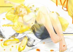 Rule 34 | 1girl, ayakami, bad id, bad pixiv id, barefoot, blonde hair, earrings, feet, unworn footwear, high heels, jacket, jewelry, knees up, looking at viewer, lying, midriff, nail polish, on back, on bed, one eye closed, original, parted lips, petals, pillow, pursed lips, shoes, unworn shoes, solo, toes, wristband, yellow eyes, yellow footwear, yellow jacket, yellow nails, yellow theme
