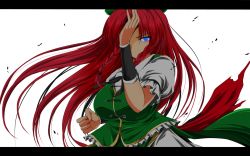 Rule 34 | 1girl, blue eyes, braid, breasts, fighting stance, hat, highres, hong meiling, letterboxed, long hair, medium breasts, nekominase, red hair, simple background, solo, touhou, twin braids, wallpaper, white background