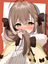 Rule 34 | 1girl, absurdres, ahoge, alternate hairstyle, berry, blush, brown eyes, brown hair, capelet, crossed bangs, double-parted bangs, earrings, food-themed earrings, fur trim, furrowed brow, hair between eyes, hair ribbon, highres, holding own hair, hololive, hololive english, jewelry, looking at viewer, mitarashi (mitirishi), multicolored hair, nanashi mumei, nanashi mumei (casual), official alternate costume, ribbon, simple background, sleeves past wrists, streaked hair, sweater, twintails, virtual youtuber, white capelet, white sweater