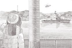 Rule 34 | 1girl, aircraft, beanie, brown theme, coat, dated, from behind, hat, helicopter, horikou, monochrome, outdoors, pole, railing, river, shima rin, ship, signature, watercraft, winter clothes, winter coat, yurucamp