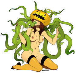 Rule 34 | 1girl, breasts, brown hair, fellatio, highres, hizzacked, jack-o&#039;-lantern, kneeling, nipples, nude, obscured face, oral, original, plant, pumpkin, saliva, sexually suggestive, solo, tentacles, thighhighs, vines
