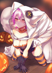 Rule 34 | 1boy, 1girl, all fours, blush, breasts, choker, cleavage, cloak, collarbone, commentary request, frills, full body, gloves, halloween, halloween costume, heavy breathing, highres, hood, hooded cloak, jack-o&#039;-lantern, kantai collection, long sleeves, looking at viewer, off shoulder, official alternate costume, pink hair, pumpkin, purple hair, rampage 2nd, red eyes, short hair, stealth sex, striped clothes, striped thighhighs, sweatdrop, tama (kancolle), thighhighs, white cloak