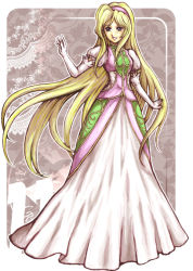 Rule 34 | 1girl, altaecia valeria, artist request, black eyes, blonde hair, dress, elbow gloves, full body, grey background, hairband, lace, long hair, looking at viewer, mole, pink hairband, sidelocks, smile, solo, source request, white dress, wild arms, wild arms 2