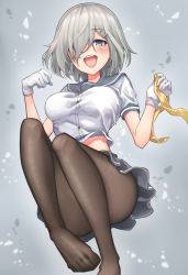 Rule 34 | 1girl, black pantyhose, blush, breasts, commentary request, feet, gloves, grey eyes, grey hair, grey skirt, hair ornament, hair over one eye, hairclip, hamakaze (kancolle), highres, holding, kamidanomi, kantai collection, looking at viewer, medium breasts, no shoes, open mouth, pantyhose, sailor collar, school uniform, serafuku, short hair, simple background, skirt, solo, white gloves