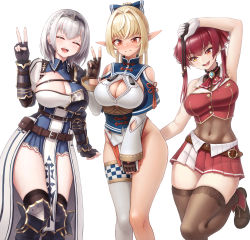 Rule 34 | 3girls, :d, ^ ^, absurdres, anidante, arm up, armor, armored dress, arrow through heart, ascot, bare arms, bare shoulders, belt, belt buckle, belt pouch, black armor, black choker, black gloves, black panties, blonde hair, blue bow, blue dress, blush, bodystocking, bow, braid, breasts, brooch, brown belt, brown footwear, brown gloves, brown legwear, buckle, buttons, chest belt, chest guard, choker, cleavage, cleavage cutout, closed eyes, closed mouth, clothes theft, clothing cutout, collared dress, commentary, covered navel, covering privates, covering crotch, crop top, crown braid, dark-skinned female, dark elf, dark skin, dress, elf, embarrassed, facing viewer, fingerless gloves, floral print, flower knot, gloves, gold trim, grey hair, groin, hair between eyes, hair bow, hair intakes, hair ribbon, hand up, head tilt, heterochromia, high collar, high ponytail, highres, holding, hololive, houshou marine, jewelry, knee pads, large breasts, layered sleeves, legs together, long hair, long sleeves, looking at another, looking down, microdress, miniskirt, mole, mole on breast, multiple girls, nose blush, open mouth, orange eyes, panties, unworn panties, pauldrons, pelvic curtain, pleated dress, pleated skirt, pointy ears, pouch, print legwear, red ascot, red eyes, red hair, red ribbon, red skirt, red vest, ribbon, shiranui flare, shiranui flare (old design), shirogane noel, shirogane noel (1st costume), short hair, short over long sleeves, short sleeves, shoulder armor, shoulder cutout, sidelocks, single pauldron, single thighhigh, skirt, sleeveless, smile, standing, standing on one leg, tassel, theft, thighhighs, tiara, twintails, underbust, underwear, underwear theft, v, vest, virtual youtuber, waist cape, white gloves, wide sleeves, wrist guards, yellow eyes
