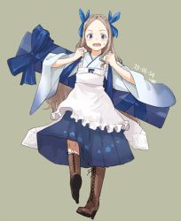 Rule 34 | 1girl, apron, asakaze (kancolle), blonde hair, blue bow, blue eyes, blue hakama, boots, bow, brown footwear, cross-laced footwear, forehead, frilled apron, frills, full body, furisode, gift, grey background, hakama, hakama skirt, high heel boots, high heels, japanese clothes, kantai collection, kawashina (momen silicon), kimono, knee boots, lace-up boots, light brown hair, long hair, meiji schoolgirl uniform, parted bangs, running, sidelocks, simple background, skirt, solo, tube, wavy hair, white apron