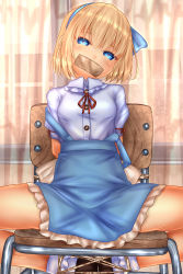 Rule 34 | 1girl, alice margatroid, alice margatroid (pc-98), back bow, bdsm, blonde hair, blouse, blue hairband, blue ribbon, blue skirt, bobby socks, bondage, bound, bow, breasts, brown footwear, collared shirt, commentary request, frilled skirt, frills, gag, gagged, hair ribbon, hairband, head tilt, highres, looking at viewer, neck ribbon, puffy short sleeves, puffy sleeves, red ribbon, restrained, ribbon, rope, shirt, short hair, short sleeves, shounen (hogehoge), sitting, skirt, small breasts, socks, solo, suspenders, touhou, touhou (pc-98), white bow, white shirt, white socks