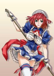 Rule 34 | bow, breasts, cleavage, clothes lift, green eyes, hairband, large breasts, maid, open mouth, red hair, ribbon, short hair, skirt, skirt lift, solo, thighhighs, yatsushima tetsuya, zettai ryouiki