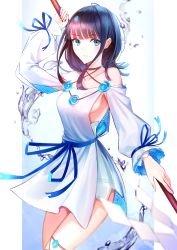 Rule 34 | 1girl, absurdres, bare shoulders, black hair, blue eyes, blue ribbon, blush, boa sorte, breasts, closed mouth, collarbone, dress, fate/grand order, fate/requiem, fate (series), fundoshi, highres, japanese clothes, jewelry, long sleeves, looking at viewer, magatama, magatama hair ornament, medium breasts, medium hair, multicolored hair, necklace, pelvic curtain, pink hair, polearm, puffy long sleeves, puffy sleeves, ribbon, seigaiha, short dress, sideboob, sideless outfit, spear, streaked hair, thighs, utsumi erice, water, weapon, white dress