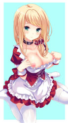 Rule 34 | 1girl, apron, bad id, bad pixiv id, blonde hair, breasts, breasts out, closed mouth, collar, collarbone, cross-laced clothes, dress, frilled apron, frilled dress, frills, gatchapowa, green eyes, hair ornament, hair over shoulder, hair scrunchie, hands up, large breasts, long hair, looking at viewer, maid, messy hair, nipples, no bra, original, red dress, scrunchie, side ponytail, sitting, smile, solo, swept bangs, thighhighs, waist apron, wariza, white apron, white thighhighs, wrist cuffs