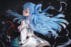 Rule 34 | 1girl, bare shoulders, black background, blue eyes, blue hair, braid, breasts, crop top, ear piercing, floating hair, greatodoggo, highres, hololive, hololive indonesia, jacket, kobo kanaeru, large breasts, long hair, long sleeves, looking at viewer, multicolored hair, off shoulder, open clothes, open jacket, piercing, profile, see-through, see-through jacket, sideways glance, simple background, solo, streaked hair, twitter username, very long hair, virtual youtuber, white hair