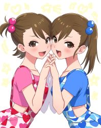 Rule 34 | 2girls, :d, blush, brown eyes, brown hair, commentary request, from side, futami ami, futami mami, highres, holding hands, idolmaster, idolmaster (classic), long hair, looking at viewer, multiple girls, open mouth, short hair, siblings, side ponytail, sisters, smile, sukoyaka (100hituzi), twins