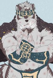Rule 34 | 1boy, abs, ainu, ainu clothes, animal ears, bara, bare pectorals, breath, chest hair, cowboy shot, fighting stance, furry, furry male, grey fur, grey hair, headband, highres, horkeu kamui, injury, jacket, jacket on shoulders, large pectorals, looking at viewer, male focus, muscular, muscular male, navel, navel hair, nipples, pectorals, pelvic curtain, serious, short hair, solo, stomach, straight-on, tail, tokyo houkago summoners, two-tone fur, vambraces, white fur, wolf boy, wolf ears, wolf tail, yellow eyes, yuki (m0000rgn)