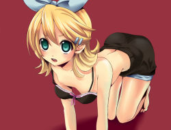 Rule 34 | 1girl, all fours, aqua eyes, ass, bad id, bad pixiv id, bare shoulders, barefoot, blonde hair, blush, bra, breasts, brown background, downblouse, feet, flat chest, freckle, furekuru (freckle), hair ornament, hairclip, kagamine rin, lingerie, nipple slip, nipples, open mouth, ribbon, short hair, shorts, solo, toes, underwear, vocaloid